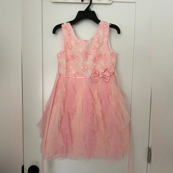 Joan Michelle Girls Pink Tulle Lace Floral Embroidered Party Dresses - Picture 8 of 10